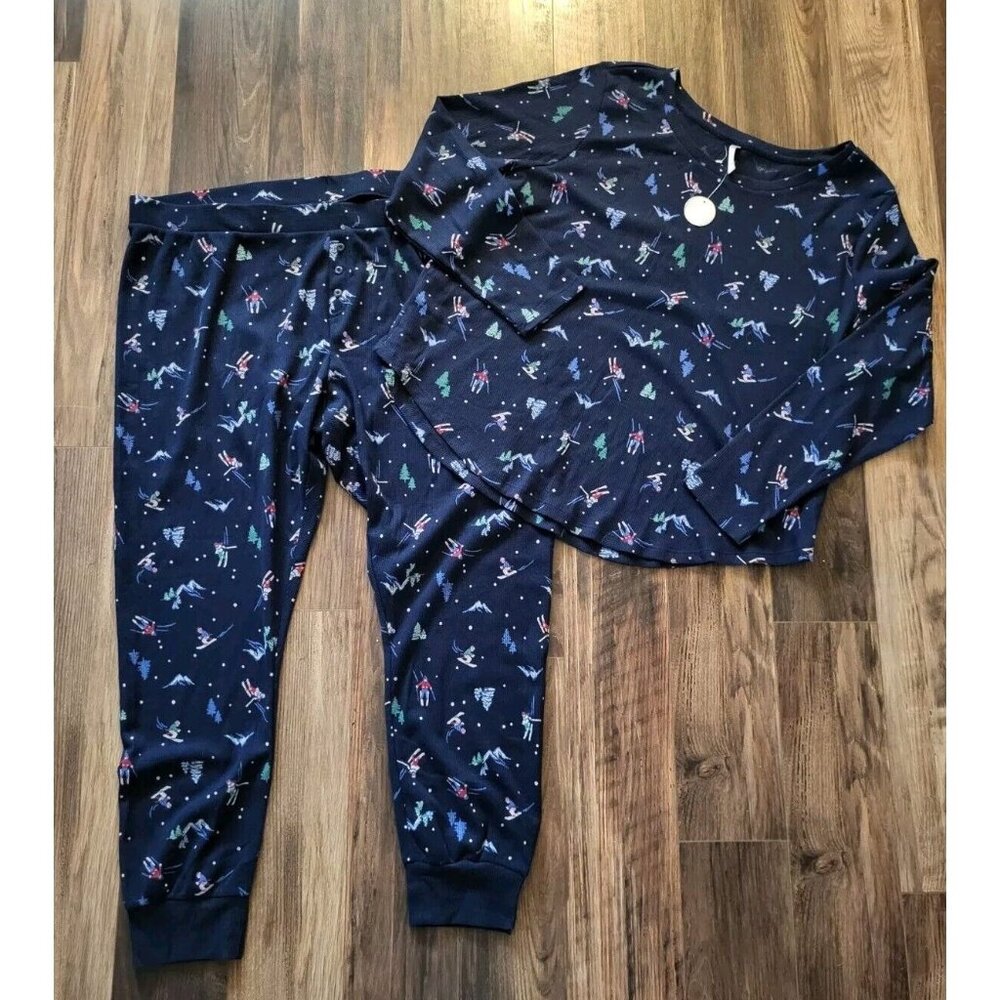 New Navy Blue Skiing Print 2 Pc Waffle Knit Pajamas Simple Pleasures 3X
